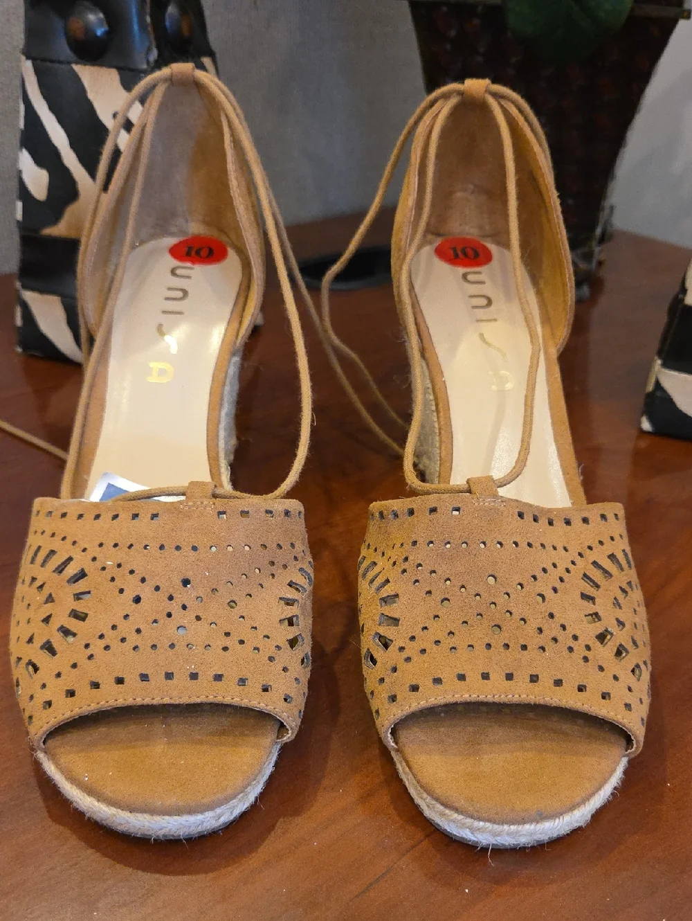 Tan Espadrille Wedge Sandals - Suede Laser-Cut Design